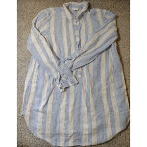 J Jill Love Linen Top Womens M Blue Striped Pullover 3/4 Sleeve Pockets